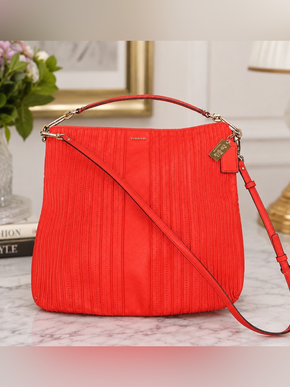Coach Madison Pintuck Hobo Handbag Coral Orange Leather Crossbody Bag